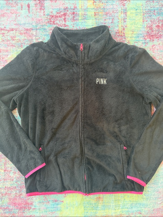 PINK Victoria's Secret Tops - PINK Victoria's Secret Black Fleece Jacket with Pink Accents